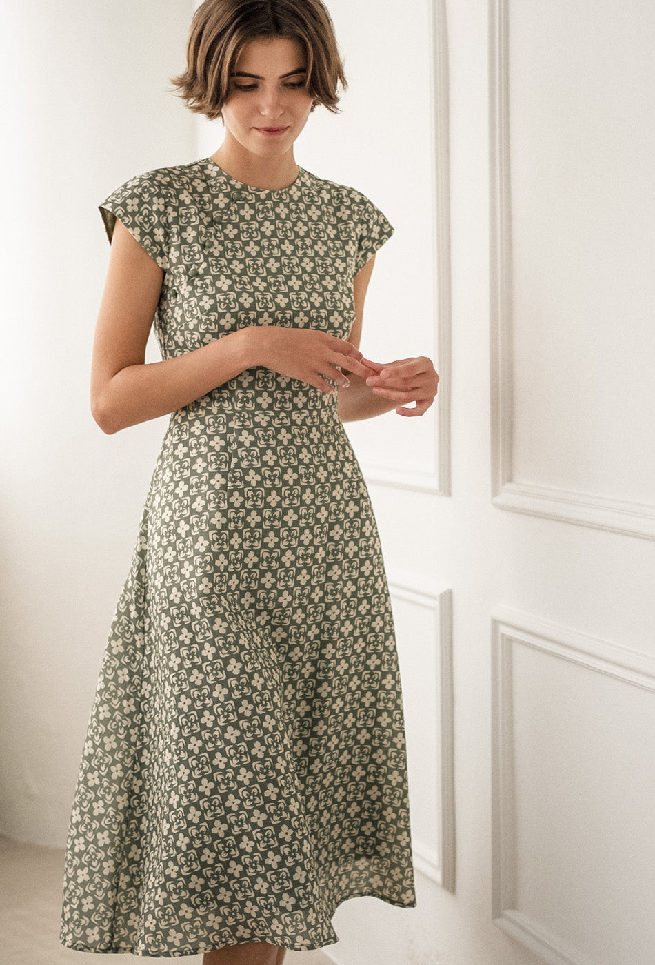 Brighter than Sunshine Cotton Cheongsam in Olive Tiles