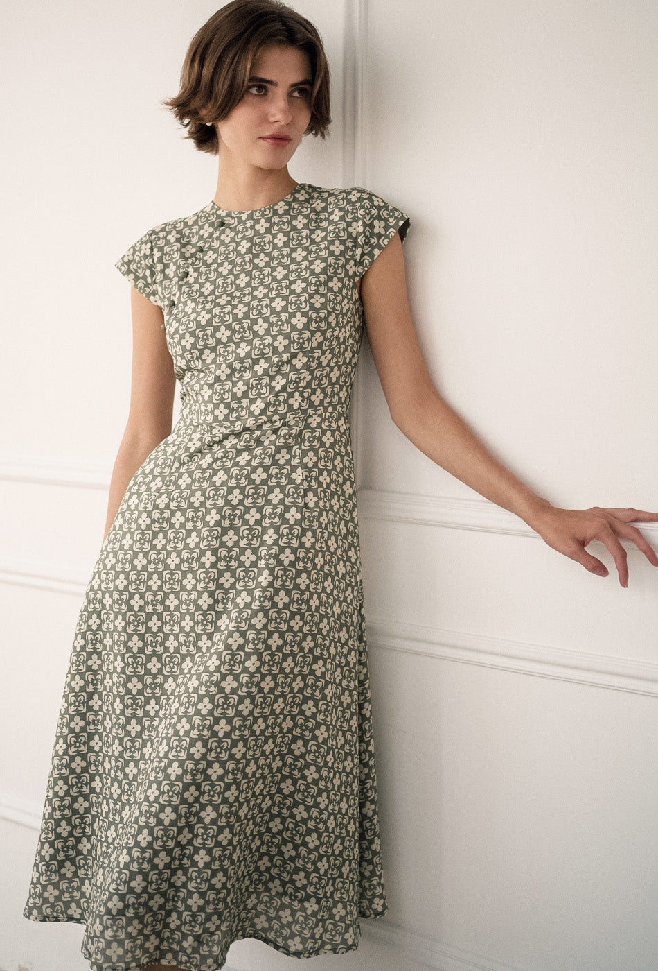 Brighter than Sunshine Cotton Cheongsam in Olive Tiles