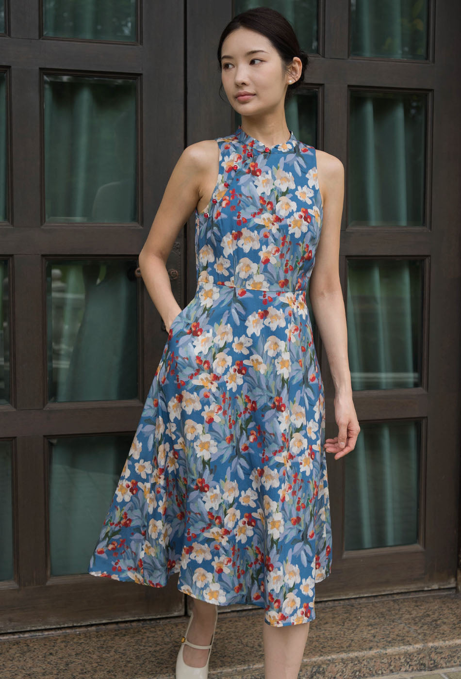 Cherished Cotton Cheongsam in Garden Blue