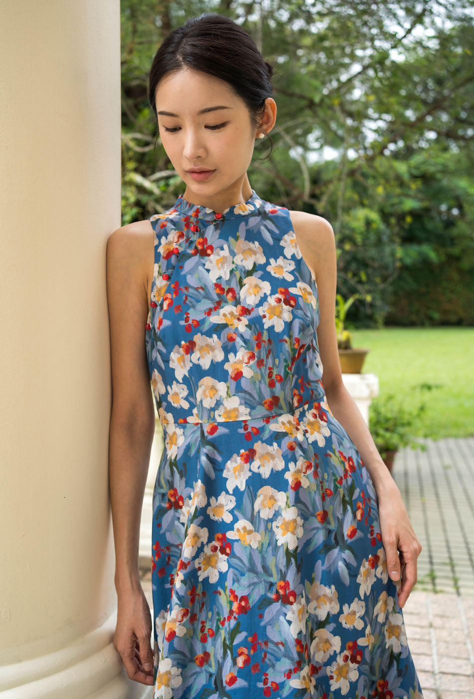 Cherished Cotton Cheongsam in Garden Blue