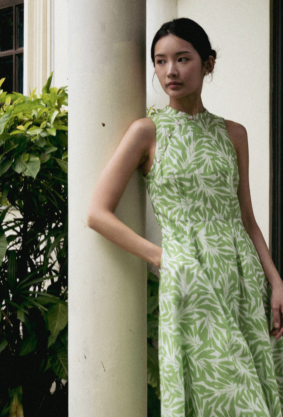 Cherished Cotton Cheongsam in Green Petals