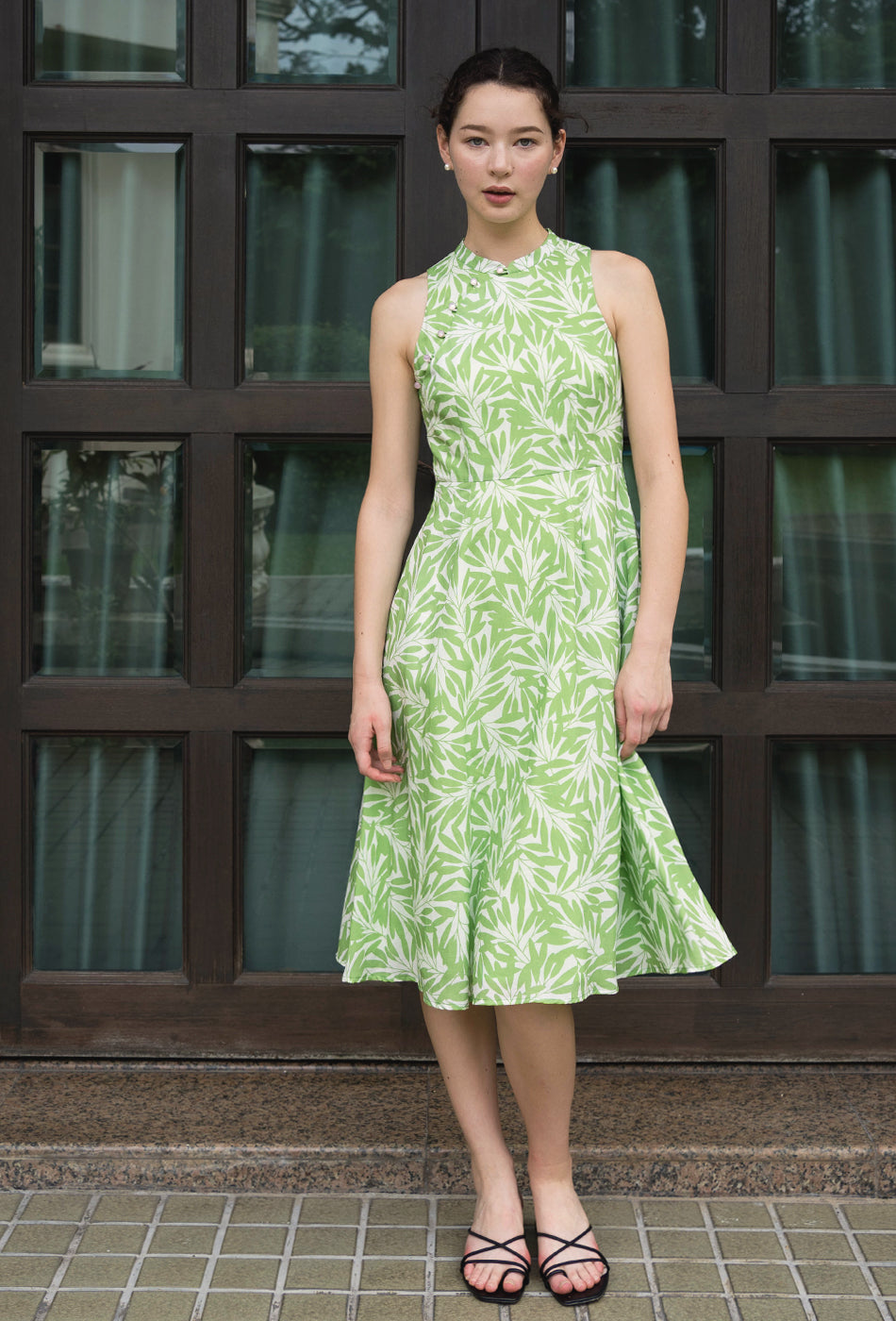 Cherished Cotton Cheongsam in Green Petals