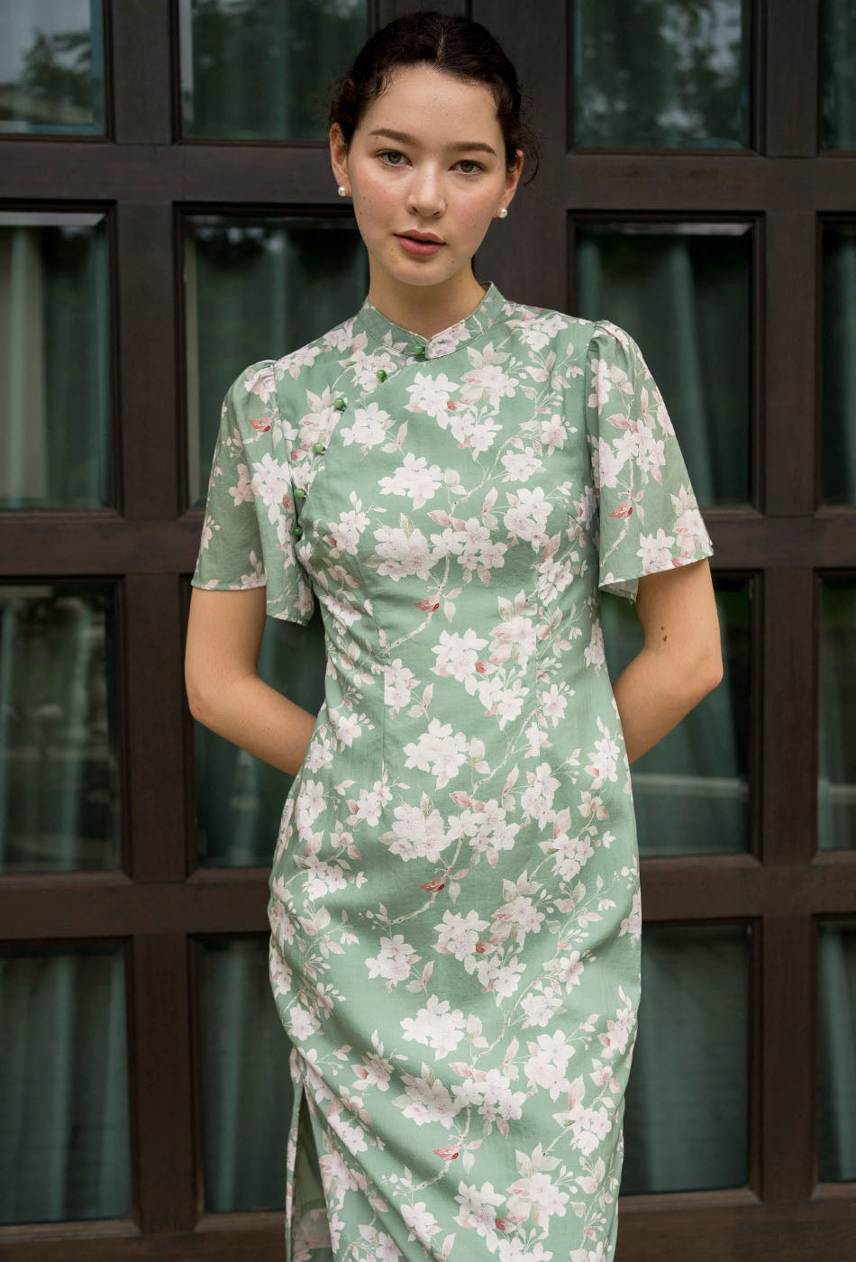 Favorite Oriental Cotton Cheongsam in Misty Greenery