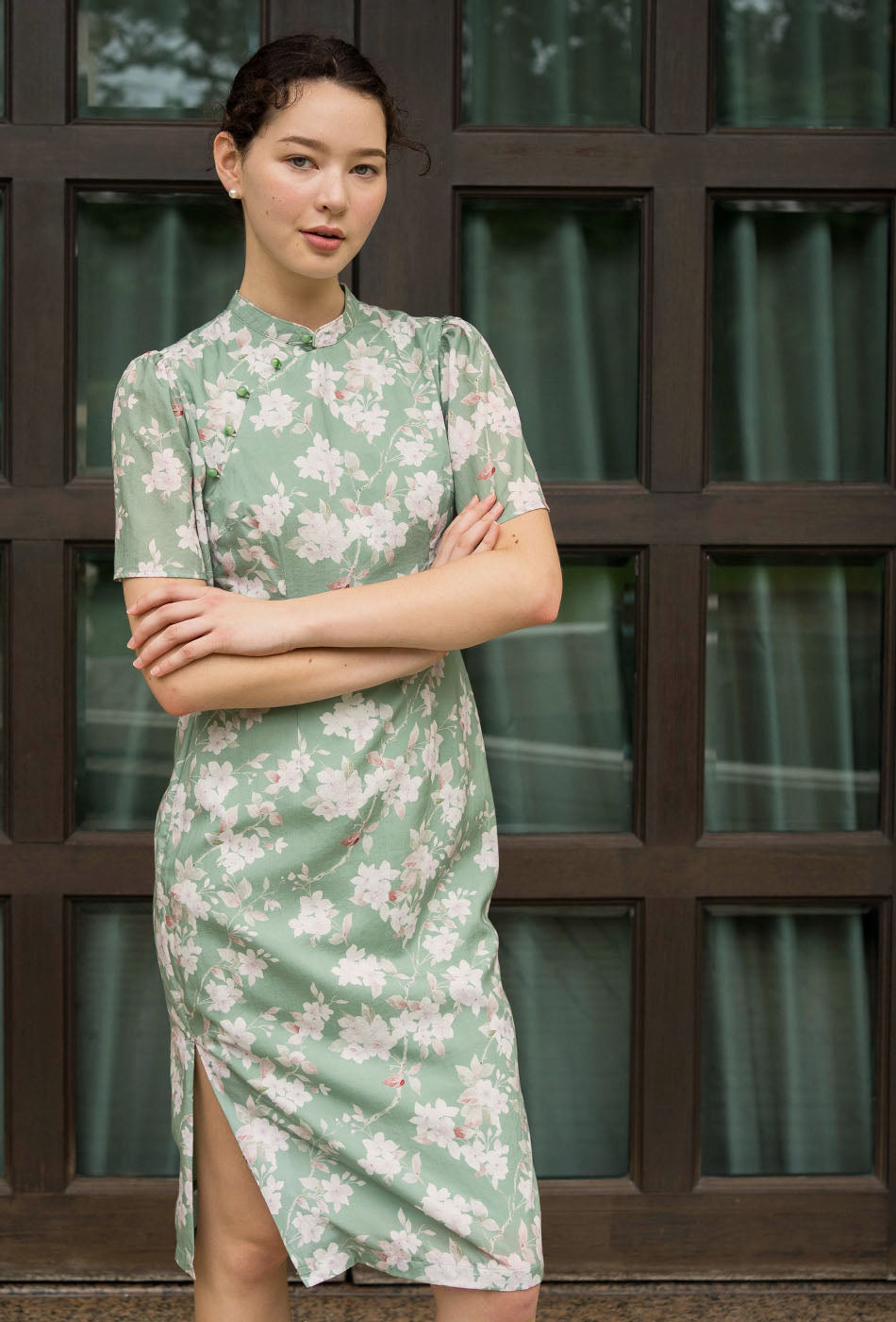 Favorite Oriental Cotton Cheongsam in Misty Greenery