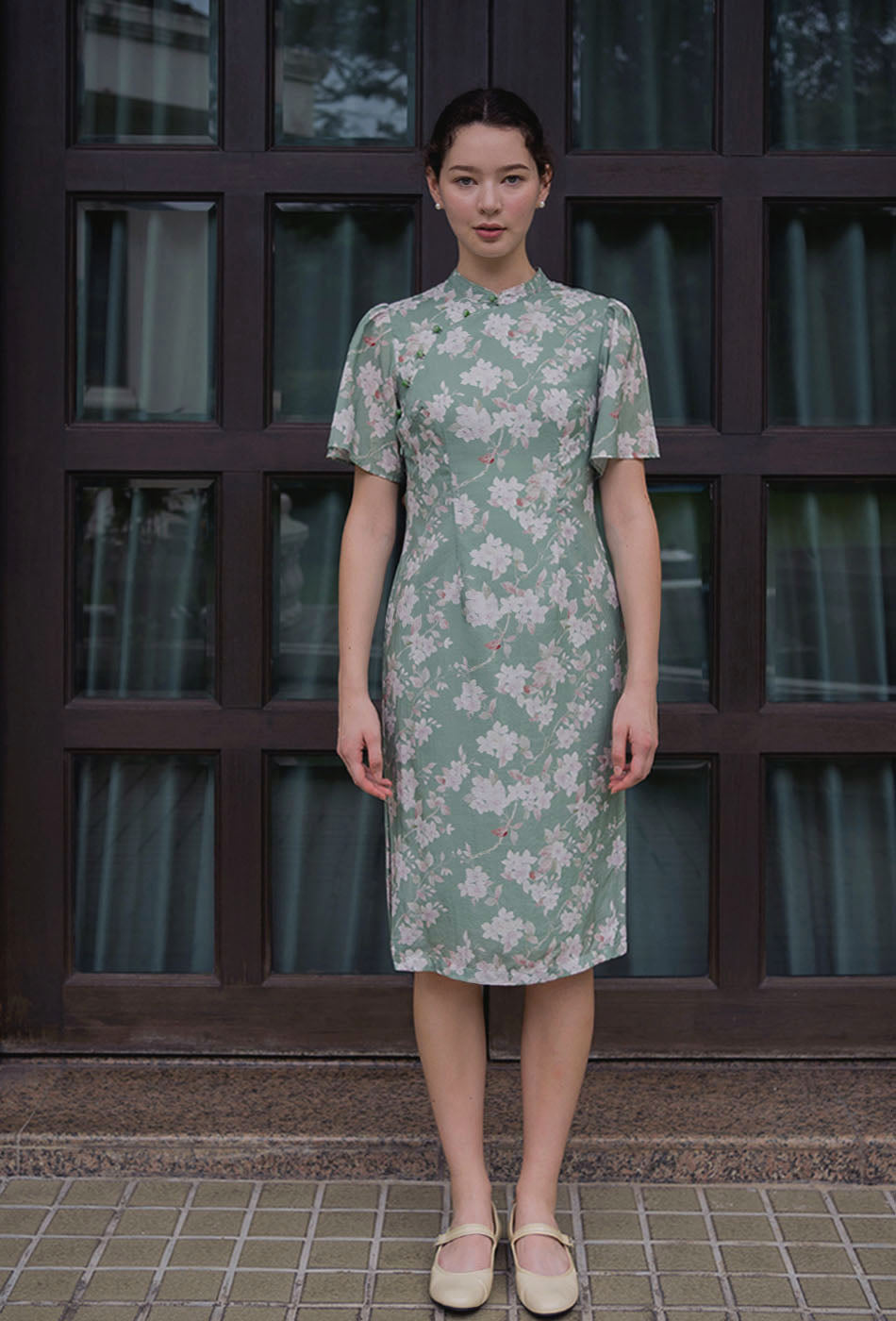 Favorite Oriental Cotton Cheongsam in Misty Greenery