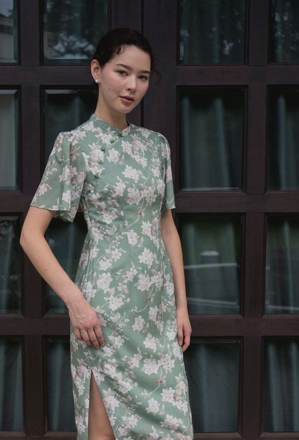 Favorite Oriental Cotton Cheongsam in Misty Greenery