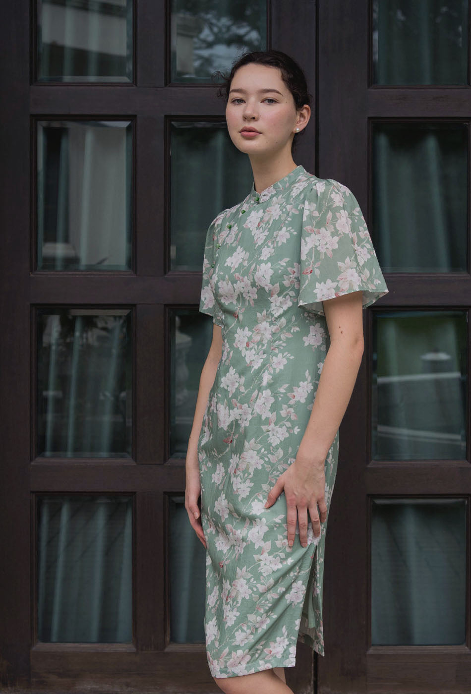 Favorite Oriental Cotton Cheongsam in Misty Greenery