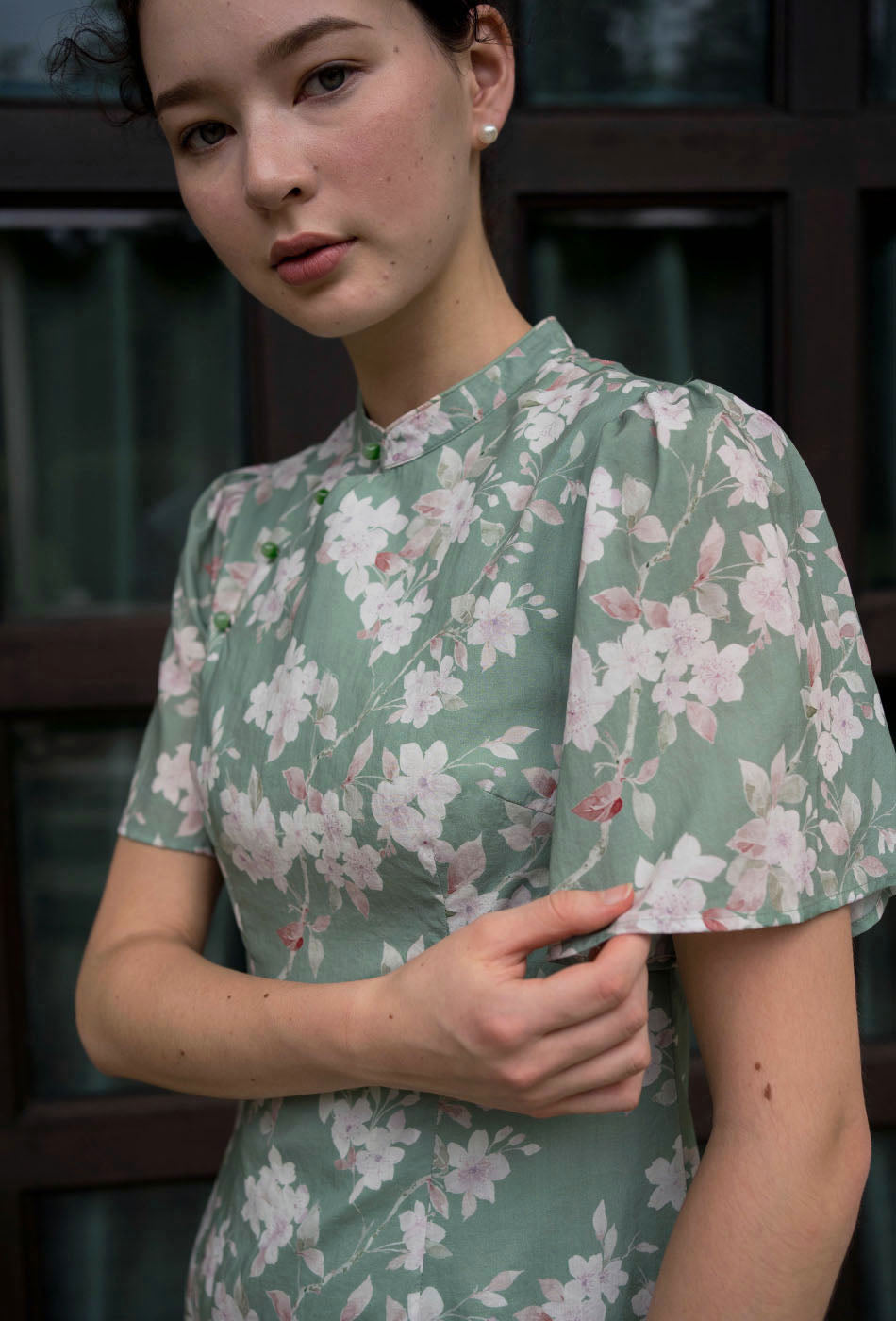 Favorite Oriental Cotton Cheongsam in Misty Greenery