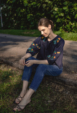 
                  
                    Garden Sweetheart Embroidered Linen Top in Midnight
                  
                