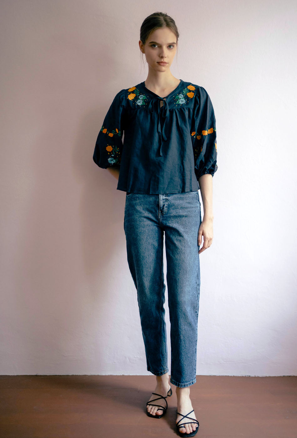 Garden Sweetheart Embroidered Linen Top in Midnight