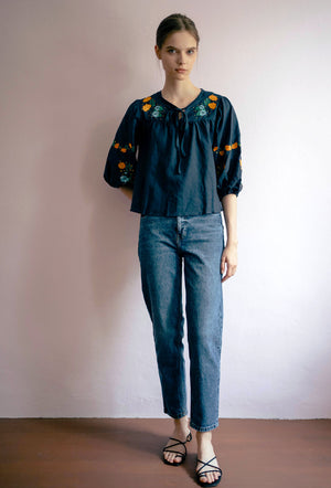 
                  
                    Garden Sweetheart Embroidered Linen Top in Midnight
                  
                