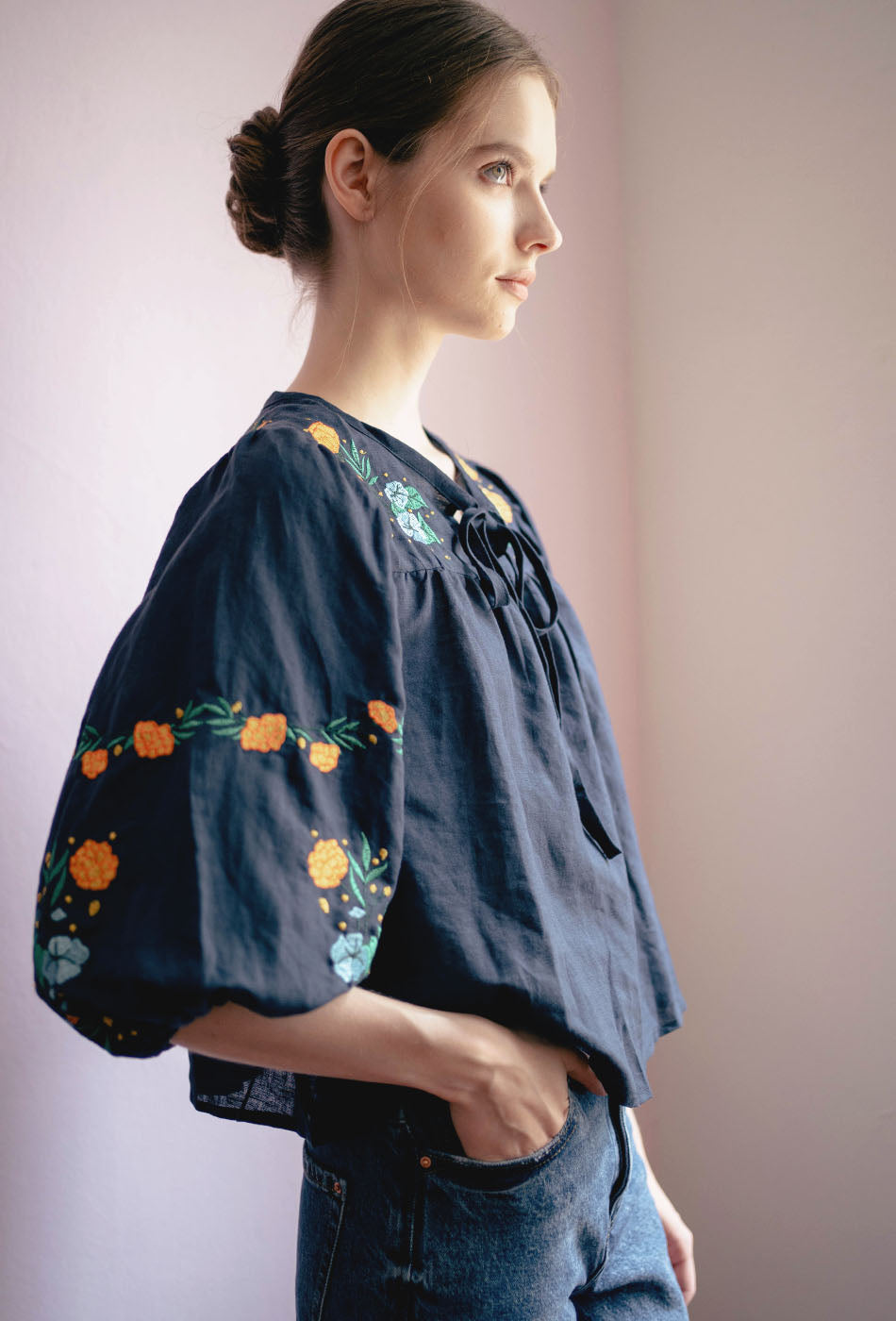 Garden Sweetheart Embroidered Linen Top in Midnight