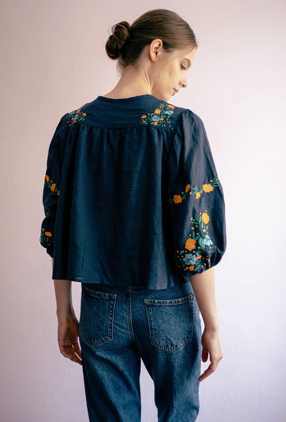 Garden Sweetheart Embroidered Linen Top in Midnight