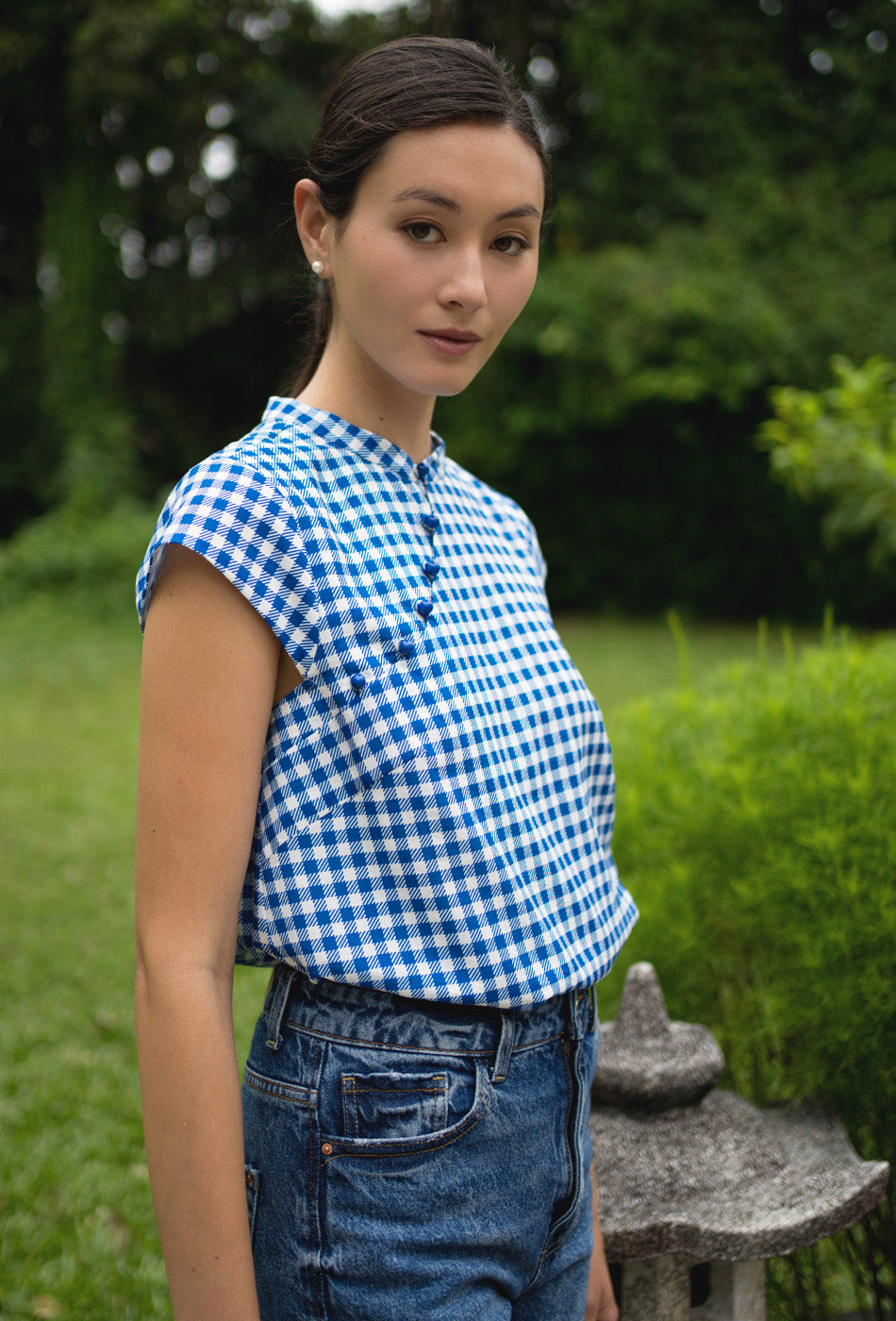 Gran’s Letter Cheongsam Top in Gingham Blue