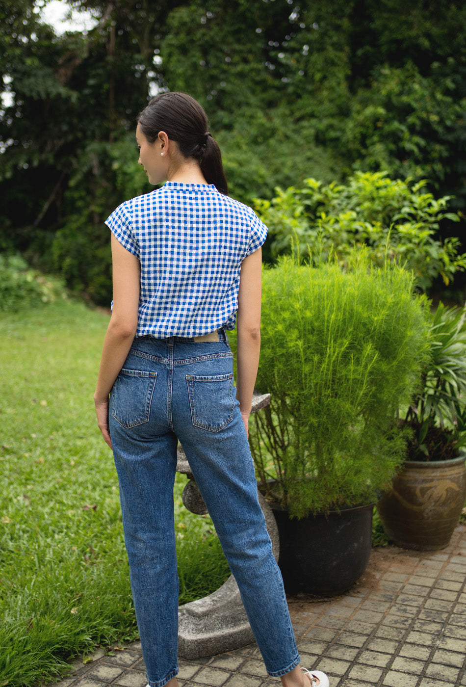 Gran’s Letter Cheongsam Top in Gingham Blue