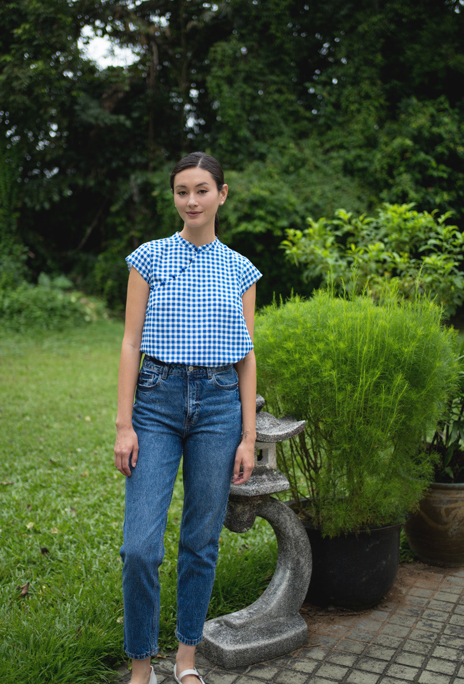 Gran’s Letter Cheongsam Top in Gingham Blue