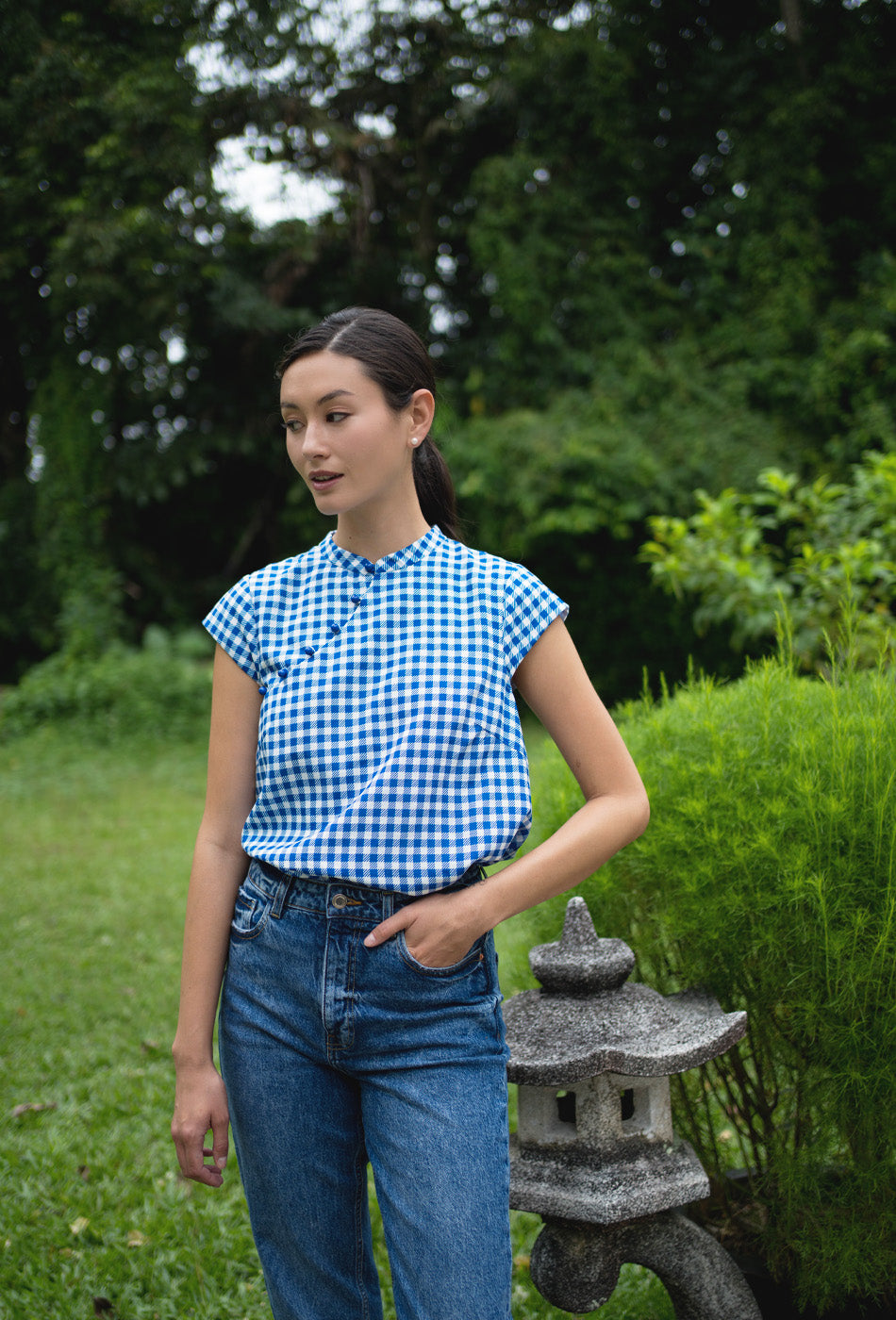 Gran’s Letter Cheongsam Top in Gingham Blue