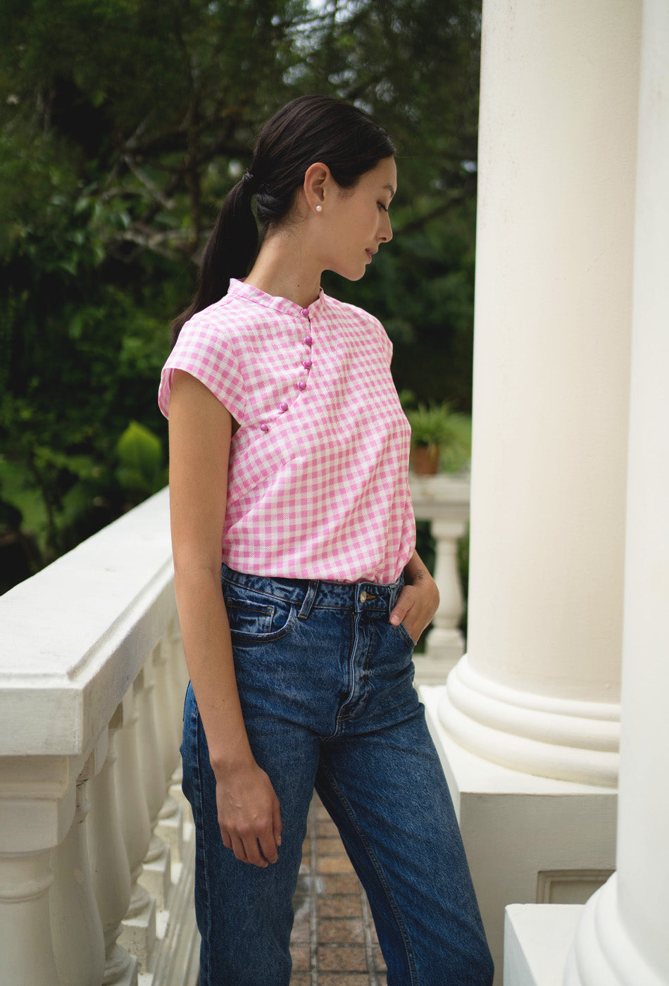 Gran’s Letter Cheongsam Top in Gingham Pink