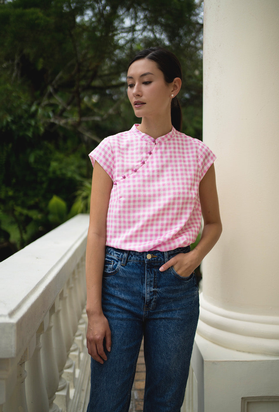 Gran’s Letter Cheongsam Top in Gingham Pink