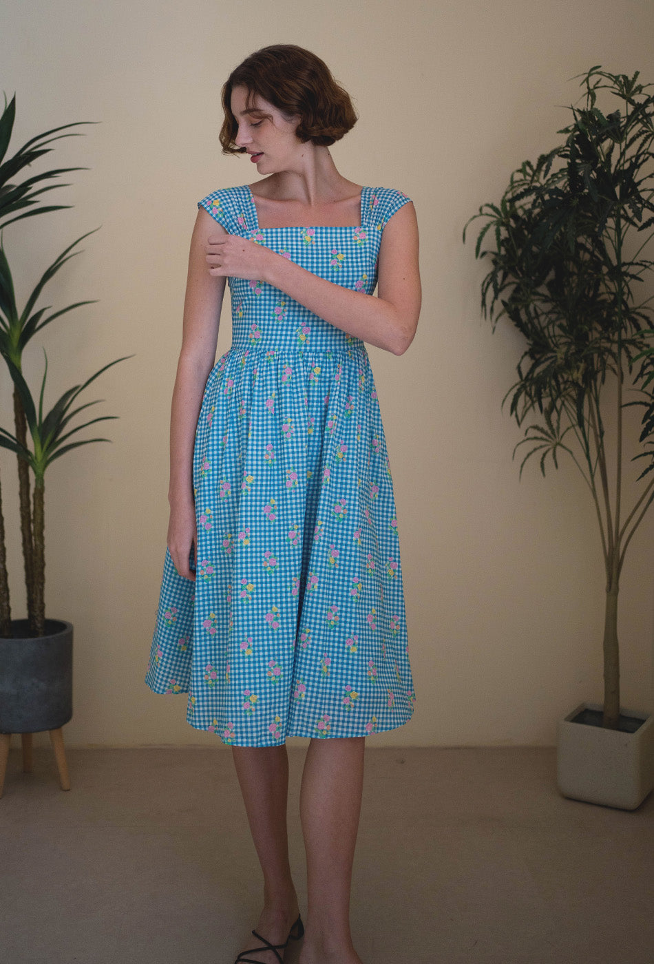 Love Comes Knockin' II Cotton Dress in Blue Gingham Bloom