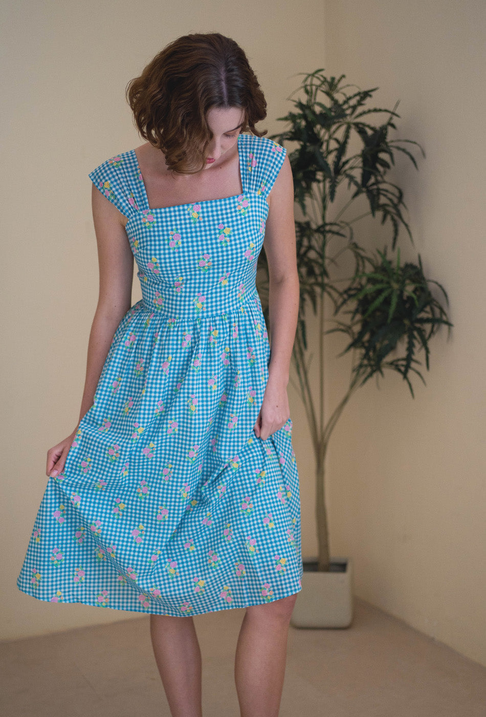 Love Comes Knockin' II Cotton Dress in Blue Gingham Bloom