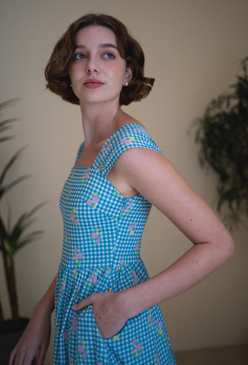 Love Comes Knockin' II Cotton Dress in Blue Gingham Bloom