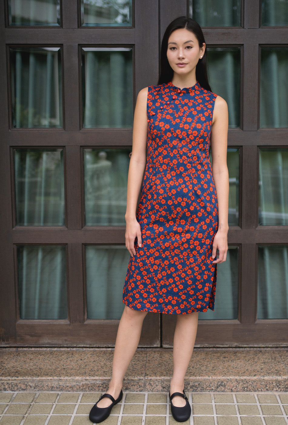 Mom's Closet Cotton Cheongsam in Midnight Poppies
