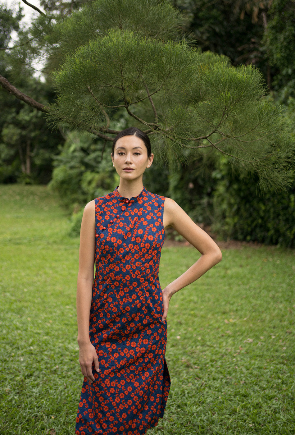 Mom's Closet Cotton Cheongsam in Midnight Poppies