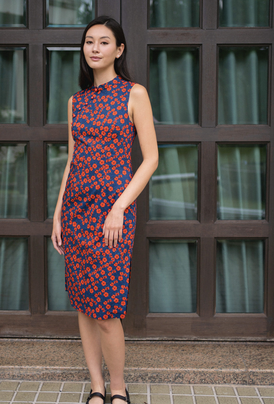 Mom's Closet Cotton Cheongsam in Midnight Poppies