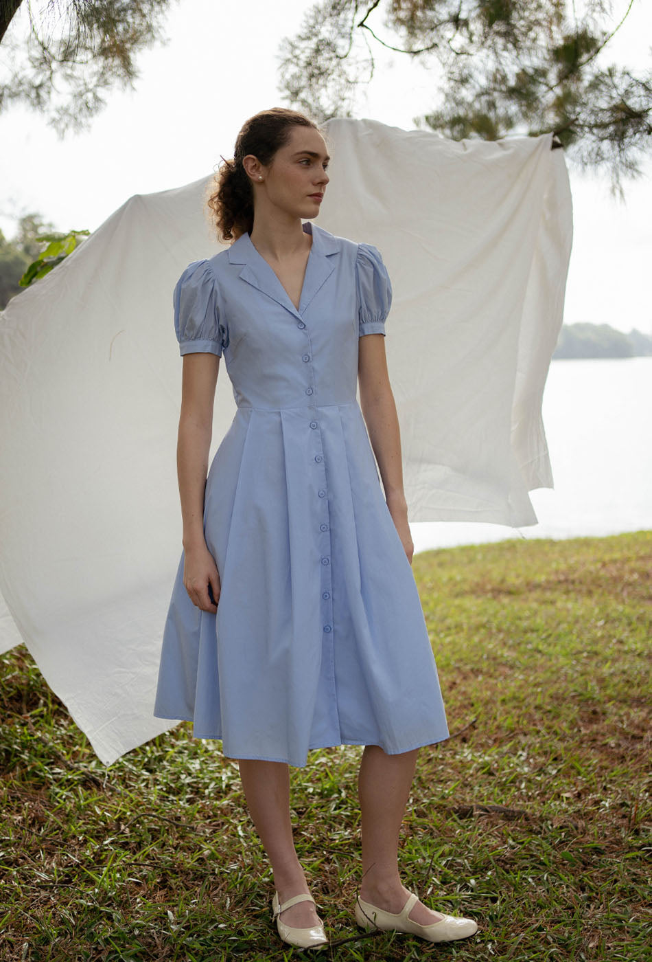 Old Time Charm Cotton Dress in Soft Blue