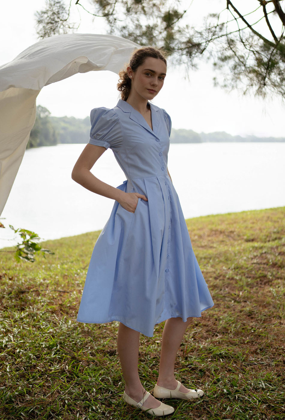 Old Time Charm Cotton Dress in Soft Blue