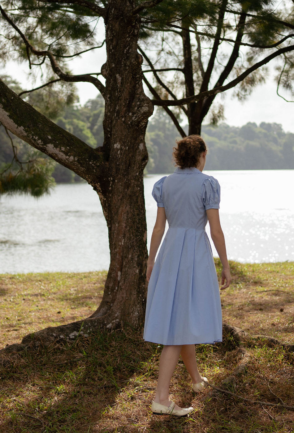 Old Time Charm Cotton Dress in Soft Blue