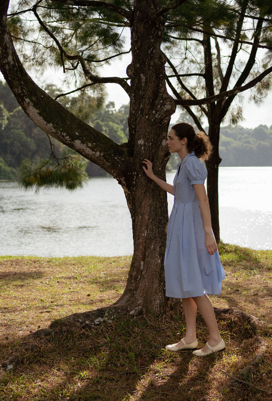 Old Time Charm Cotton Dress in Soft Blue