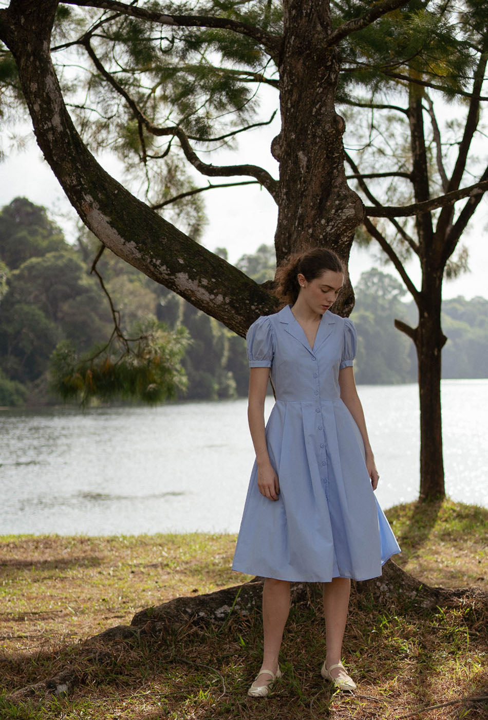 Old Time Charm Cotton Dress in Soft Blue