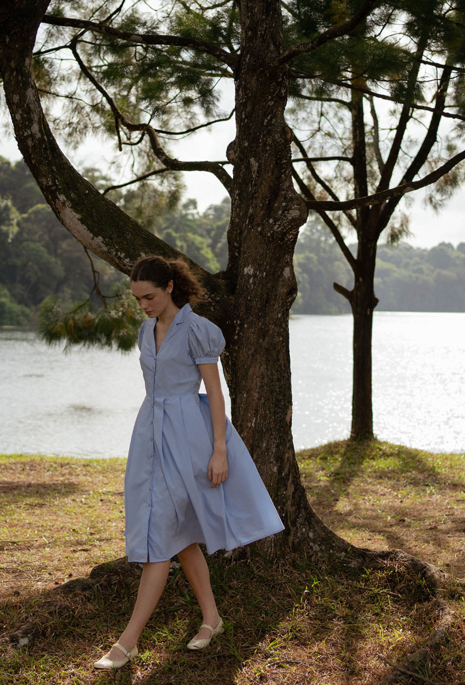 Old Time Charm Cotton Dress in Soft Blue