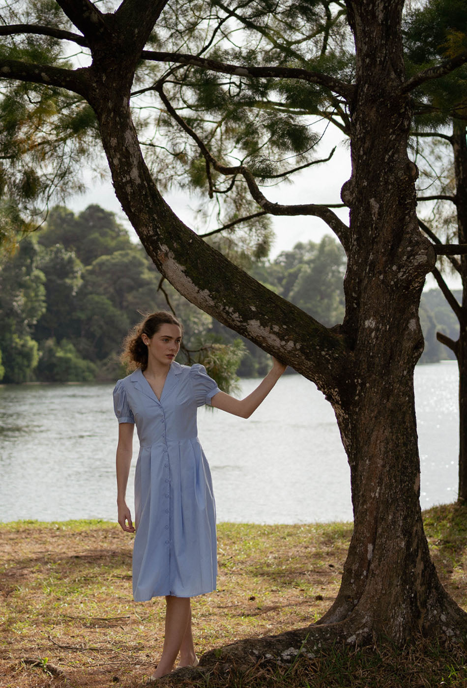 Old Time Charm Cotton Dress in Soft Blue