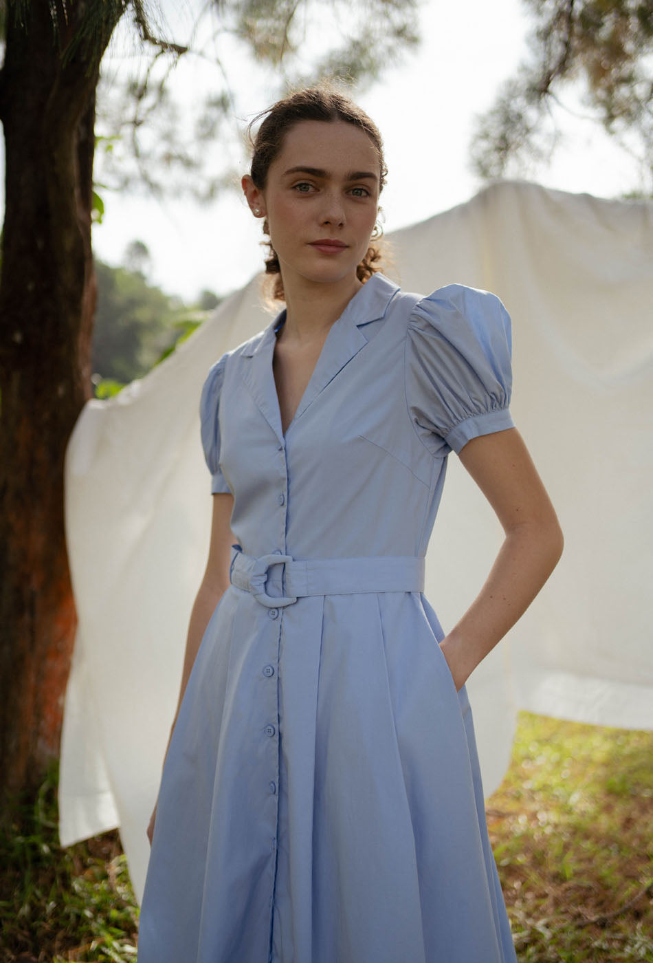 Old Time Charm Cotton Dress in Soft Blue