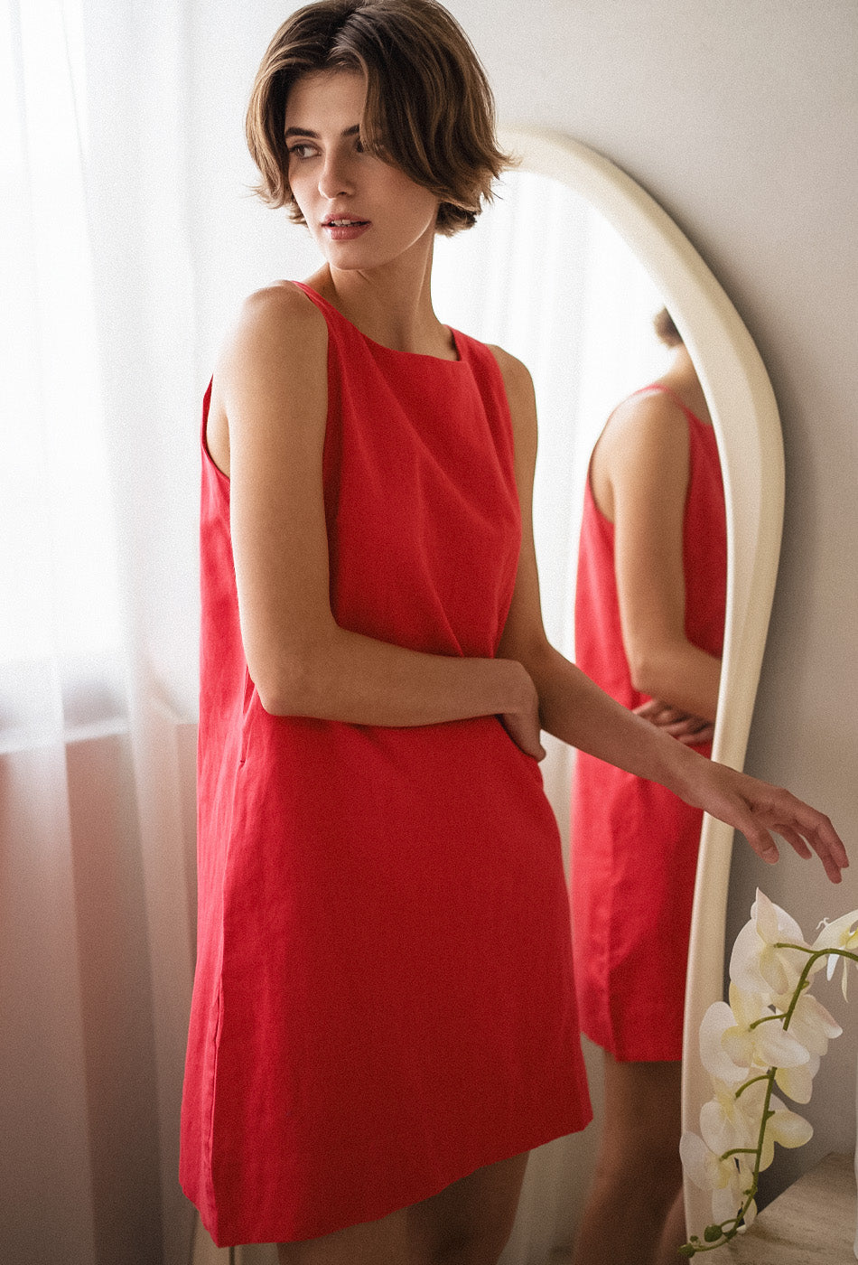 Pancakes for Dinner Linen Dress in Ruby Rose