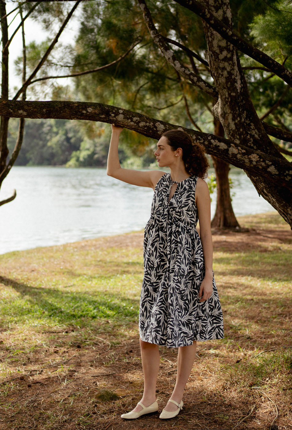 Swingtime Cotton Dress in Black Petals