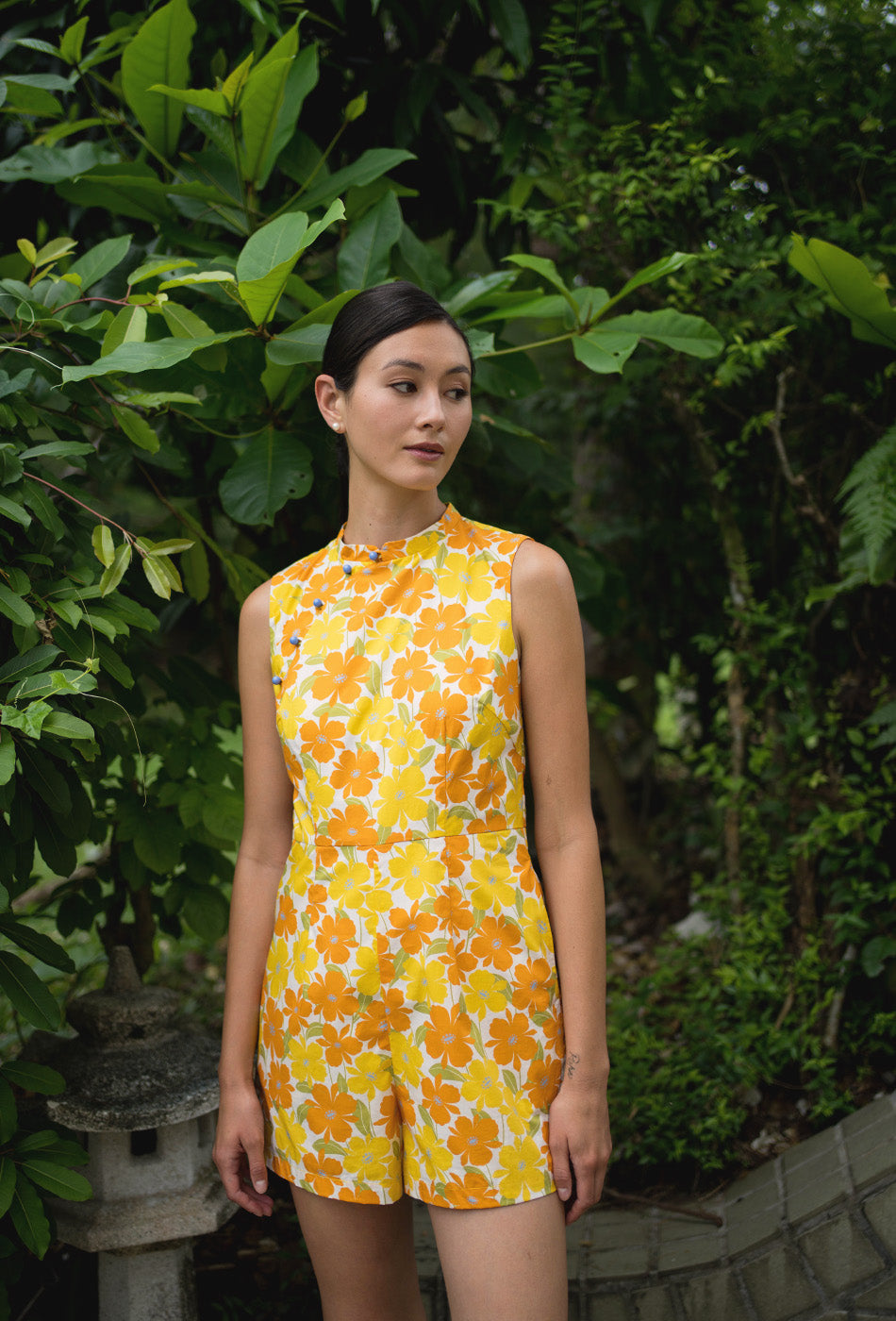 Teatime in the Garden Cheongsam Romper in Buttercup Cosmos
