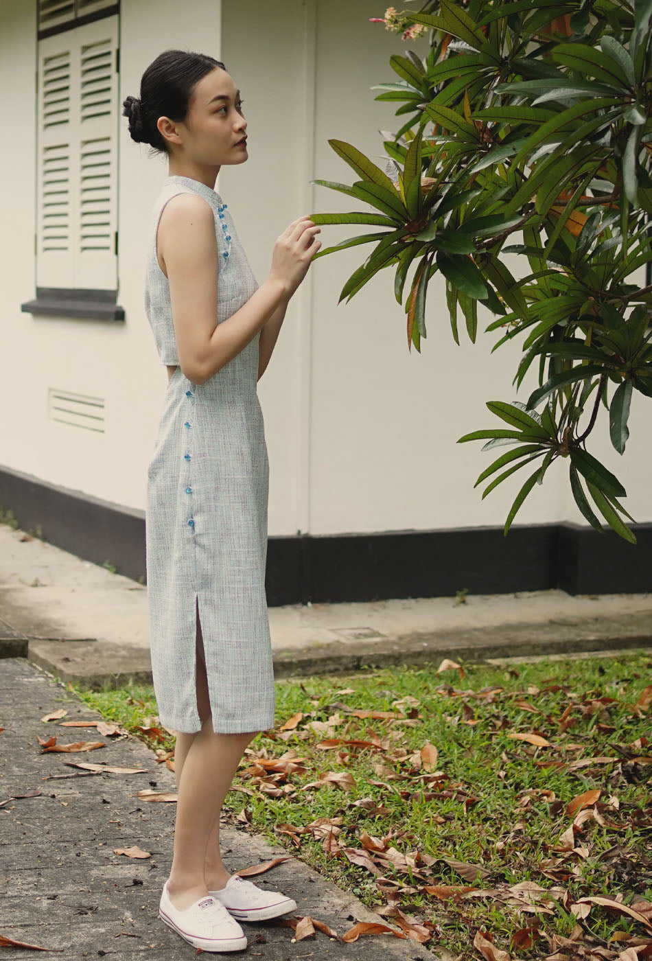 Mom's Closet Cheongsam Midi in Blue Tweed