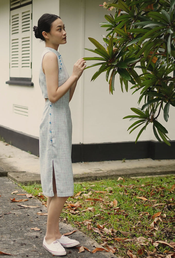 
                  
                    Mom's Closet Cheongsam Midi in Blue Tweed
                  
                