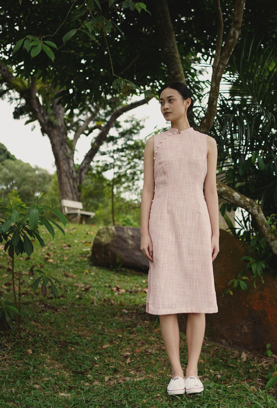 Mom's Closet Cheongsam Midi in Pink Tweed