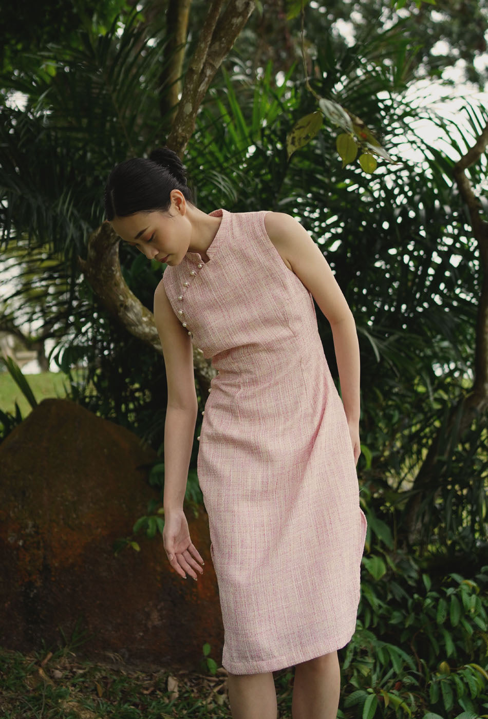 Mom's Closet Cheongsam Midi in Pink Tweed