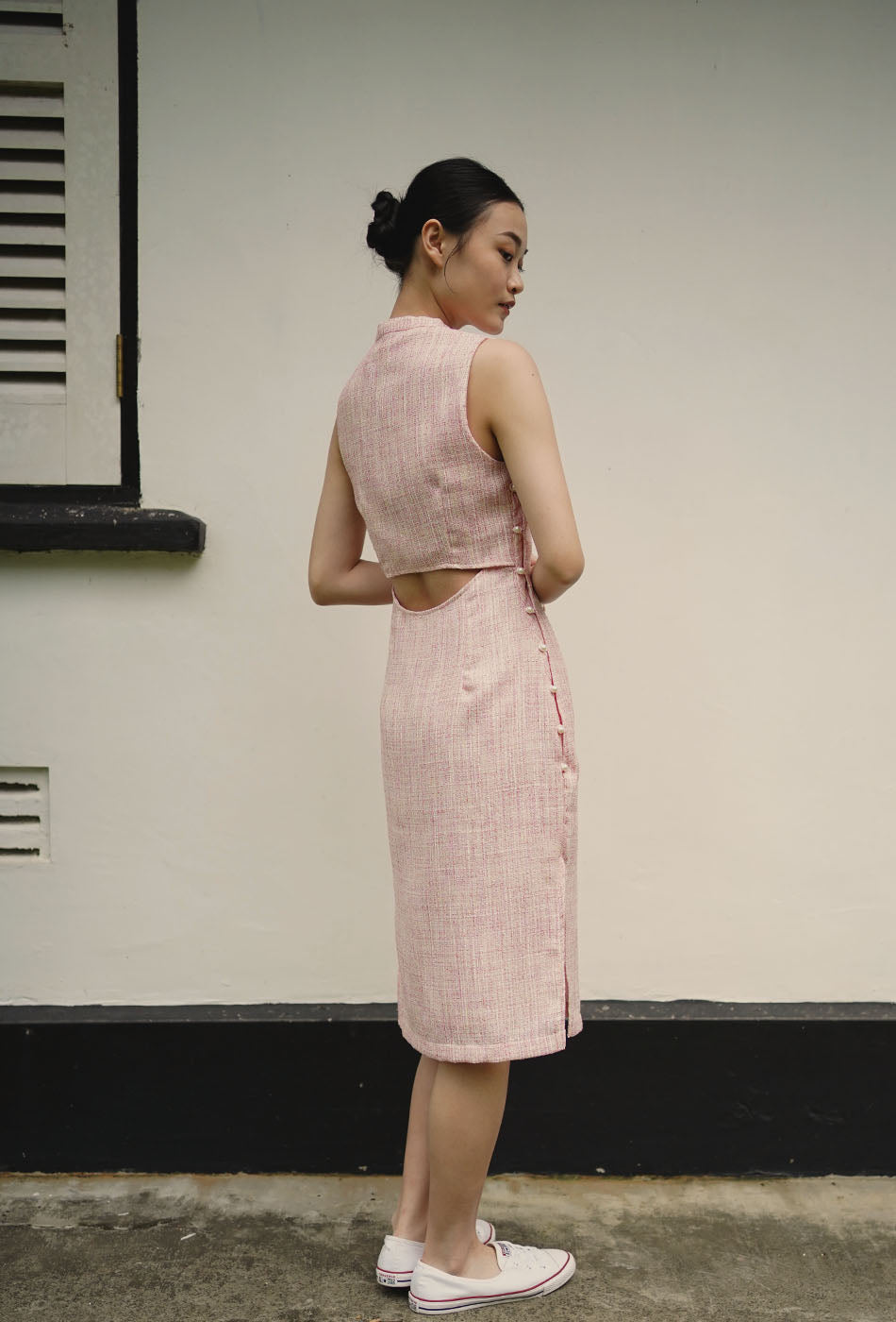 Mom's Closet Cheongsam Midi in Pink Tweed