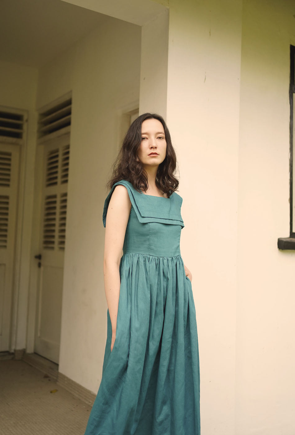 Grandma's Garden Linen Dress in Dark Cyan