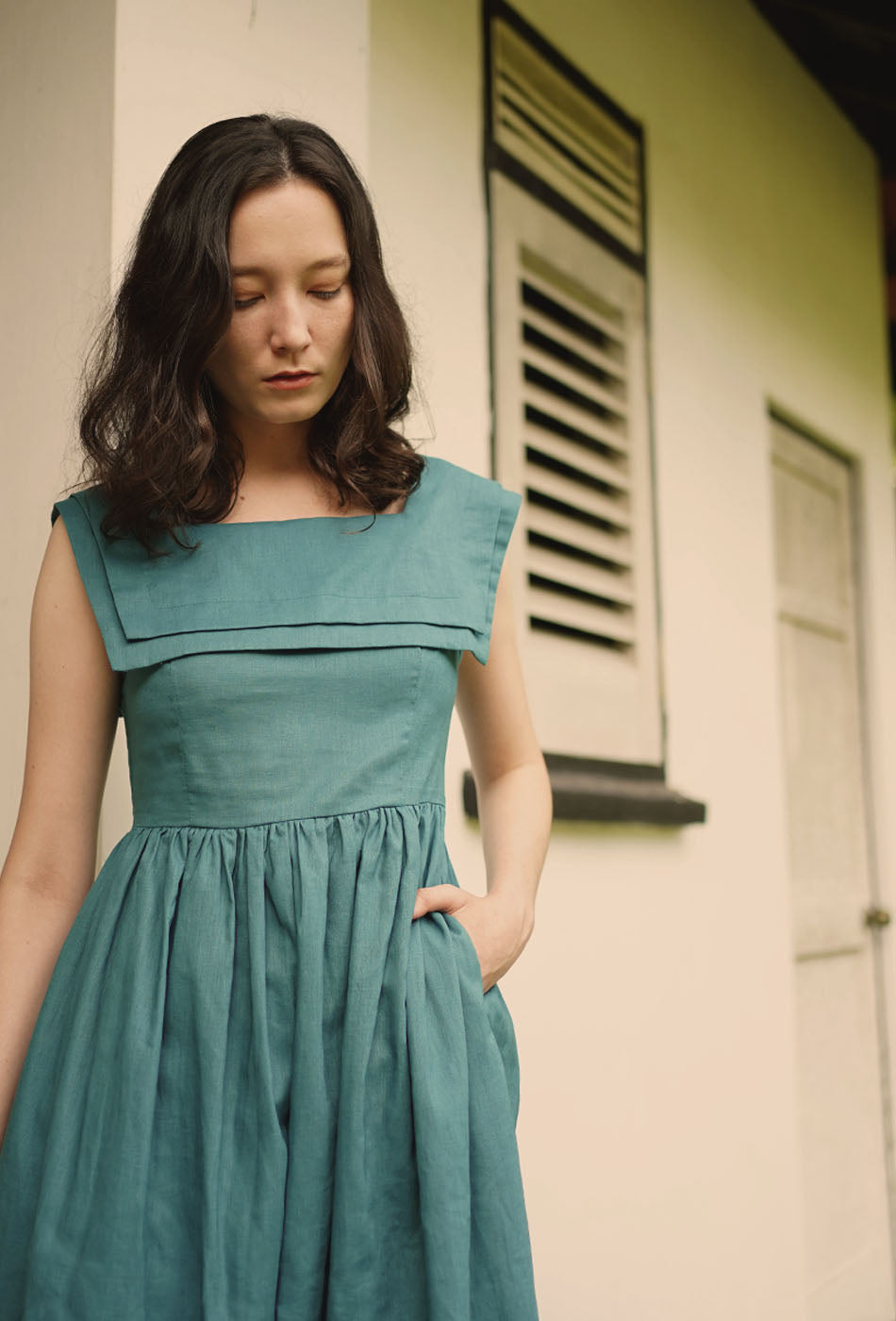 Grandma's Garden Linen Dress in Dark Cyan